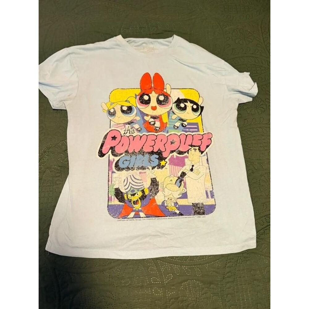 Powerpuff Girls Cartoon Network Graphic T-Shirt Blue Distressed Y2K Cartoon Te